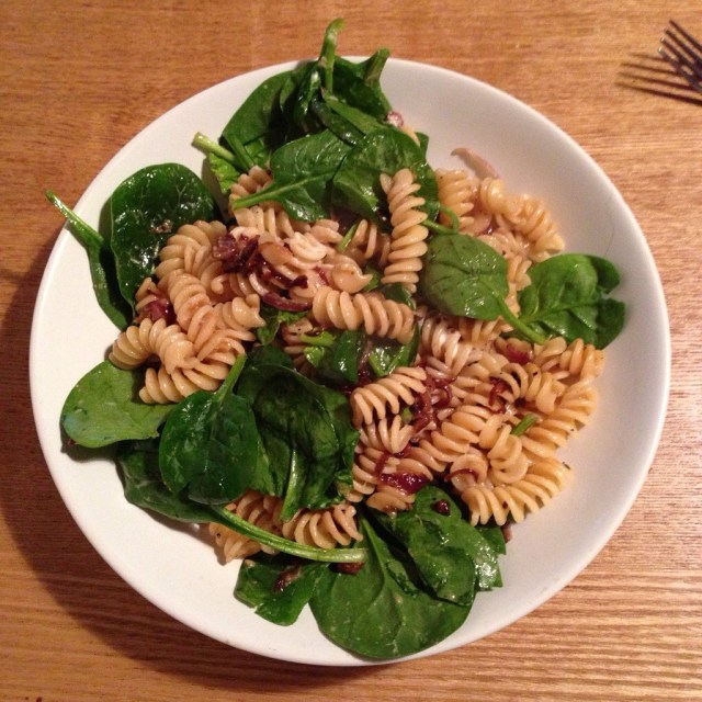 Pancetta, onion and spinach pasta
